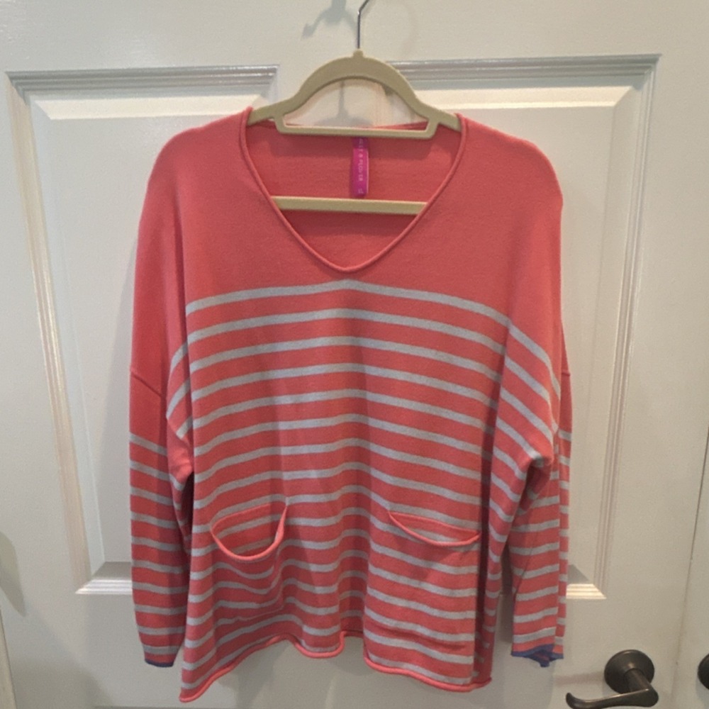 NWOT Zaket & Plover Pink Gray Striped Knit Sweater V-Neck Pockets XL Women's